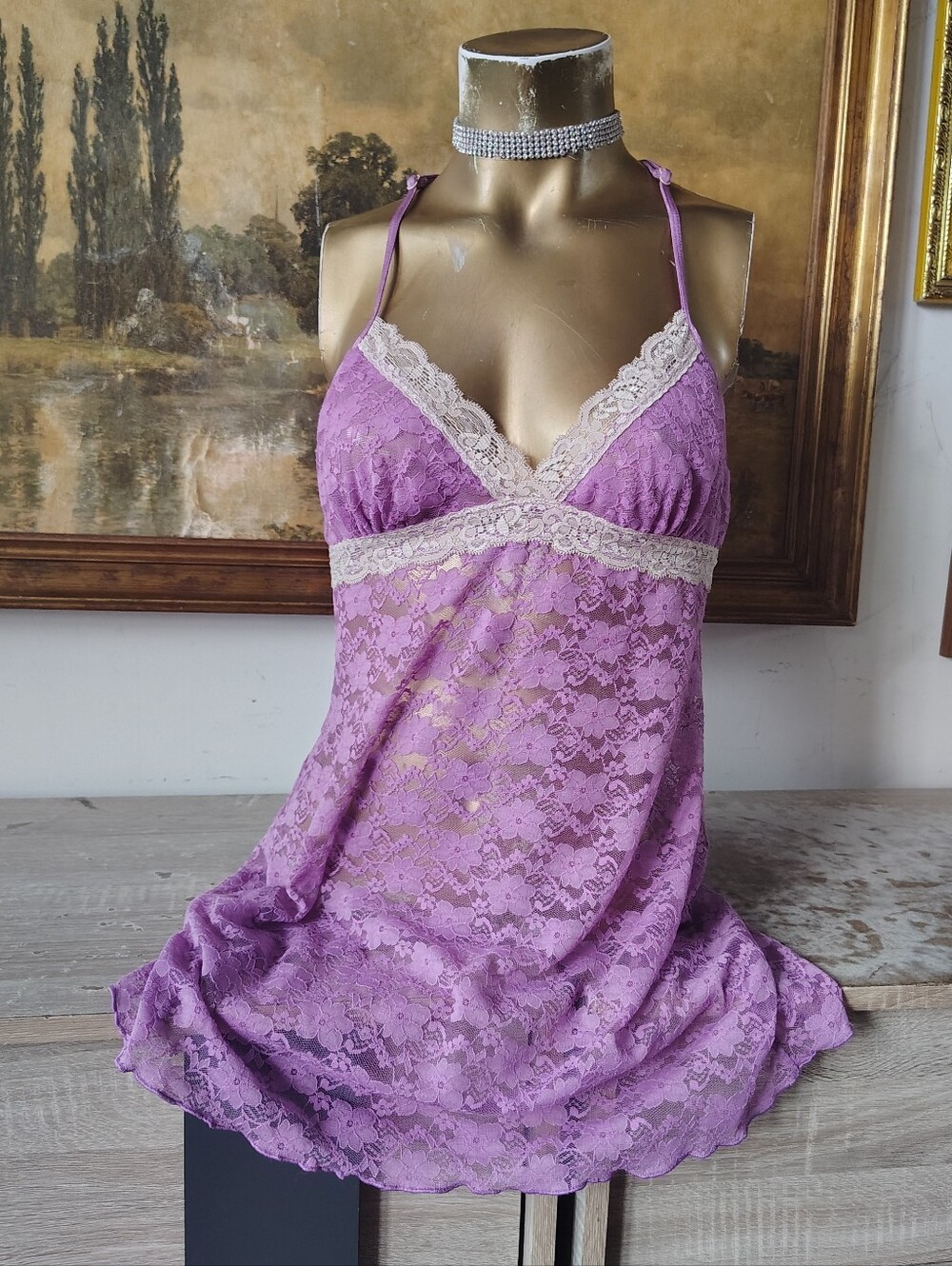 Y2k Vintage Lavender Sheer Lace Slip Dress Medium Lingerie Sleep Slipdress